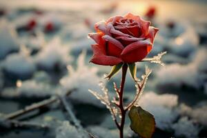 A solitary rose in an icy field captures attention with its close up elegance AI Generated photo