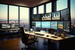 moderno corporativo oficina con un lado ver de pantallas mostrando financiero datos ai generado foto