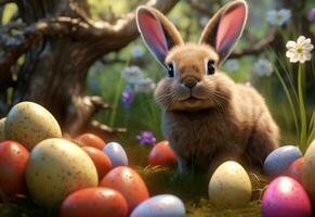 Ai generative photo happy bunny with many easter eggs on grass festive background for decorative design