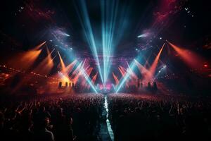 Ai generative Crowded Concert Stage Scenery With Spotlights and Colored Lights realistic image, ultra hd photo