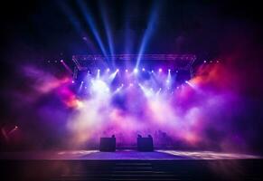 Ai generative Concert Stage Scenery With Spotlights Colored Lights Smoke photo