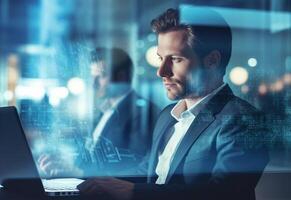 Ai generative double exposure photo of a business man using laptop on his desk front view office background realistic image, ultra hd, high design very detailed