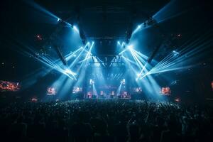 Ai generative Crowded Concert Stage Scenery With Spotlights and Colored Lights realistic image, ultra hd photo