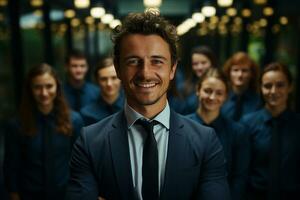 Ai Generative group of happy business man and business women, dressed in suits are smiling, in the office photo