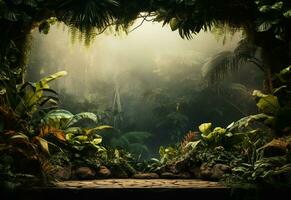 Ai Generative Beautiful jungle background with border made of tropical leaves backdrop with copy space photo