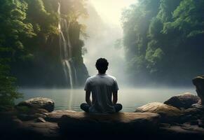 ai generative photo of a man practicing mindfulness and meditation in a peaceful natural environment sony A7s realistic image, ultra hd, high design very detailed