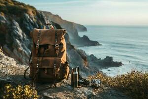 Coastal exploration vibes backpack, coffee thermos, hinting at exciting adventures ahead AI Generated photo