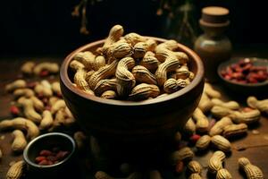 Culinary focus Dark space highlights peanuts with a captivating, selective focus perspective AI Generated photo