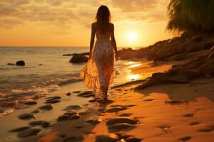 Beachside solitude, woman s feet leave imprints on sunrise kissed sand  AI Generated photo