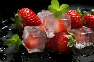 Fresh strawberries and ice cubes contrast beautifully with a dark background AI Generated photo