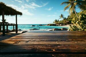 Blurred ocean view frames wooden resort deck, inviting relaxation by the shore AI Generated photo