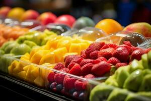 Detailed display closeup of assorted fresh fruit slices at Barcelonas renowned La Boqueria market AI Generated photo