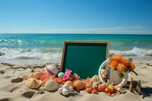 junto a la playa arreglo arenoso playa adornado con un ingenioso composición de clasificado objetos ai generado foto