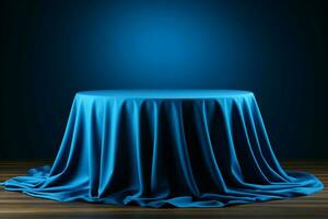 redondo mesa con azul tela Manteles, pareo fondo, y tejer cortinas ai generado foto