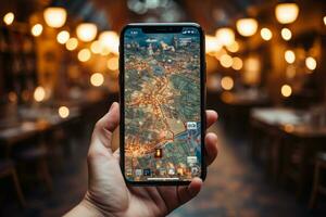 Tech savvy traveler, female hands hold phone with internet maps app  AI Generated photo