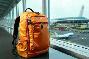 vibrante rojo mochila acompaña un viajero en el bullicioso aeropuerto ai generado foto