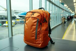 Vibrant red backpack accompanies a traveler in the bustling airport AI Generated photo