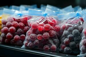 Plastic bags of frozen berries displayed tidily on a supermarkets cold shelf AI Generated photo
