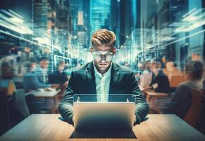Ai generative double exposure photo of a business man using laptop on his desk front view office background realistic image, ultra hd, high design very detailed