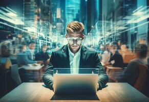 Ai generative double exposure photo of a business man using laptop on his desk front view office background realistic image, ultra hd, high design very detailed