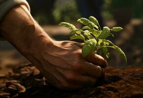 Ai generative Farmer's hands over farm plants realistic image, ultra hd, high design very detailed photo