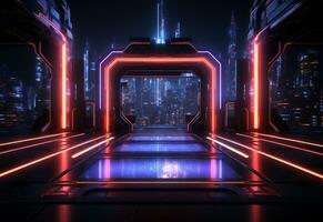 Ai Generative Neon illuminated futuristic backdrop realistic image, ultra hd, high design very detailed photo