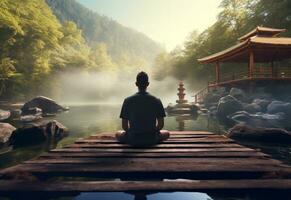 ai generative photo of a man practicing mindfulness and meditation in a peaceful natural environment sony A7s realistic image, ultra hd, high design very detailed