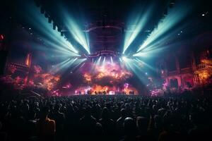 Ai generative Crowded Concert Stage Scenery With Spotlights and Colored Lights realistic image, ultra hd photo