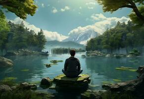 ai generative photo of a man practicing mindfulness and meditation in a peaceful natural environment sony A7s realistic image, ultra hd, high design very detailed