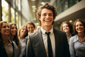 Ai Generative group of happy business man and business women, dressed in suits are smiling, in the office photo