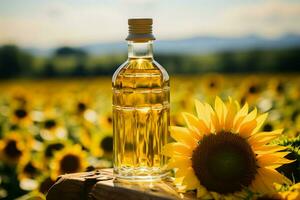 Selective focus on a sunflower oil bottle amidst a picturesque sunflower field AI Generated photo