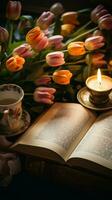 Top view Open Bible, tulips, sweater, tea, and candles in flat lay Vertical Mobile Wallpaper AI Generated photo