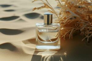 Elegance in simplicity Glass perfume bottle graces white sand, a fragrant contrast AI Generated photo