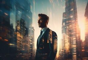 Ai generative A Double Exposure of a Businessman in the Cityscape Embodies Success and Future Plans photo