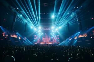 Ai generative Crowded Concert Stage Scenery With Spotlights and Colored Lights realistic image, ultra hd photo