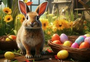 Ai generative photo happy bunny with many easter eggs on grass festive background for decorative design