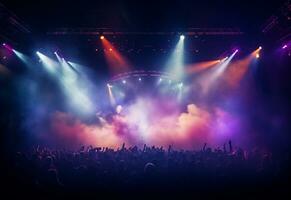 Ai generative Concert Stage Scenery With Spotlights Colored Lights Smoke photo