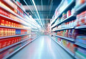 Ai generative Blurry shopping shelves in supermarkets and department stores realistic image ultra hd high design photo