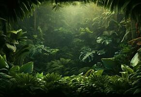 Ai Generative Beautiful jungle background with border made of tropical leaves backdrop with copy space photo