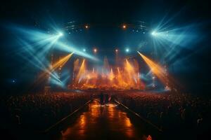 Ai generative Crowded Concert Stage Scenery With Spotlights and Colored Lights realistic image, ultra hd photo