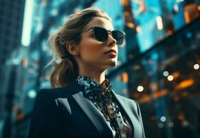 Ai generative Double Exposure of a Business women in the Cityscape Embodies Success and Future Plans realistic photo