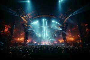 Ai generative Crowded Concert Stage Scenery With Spotlights and Colored Lights realistic image, ultra hd photo