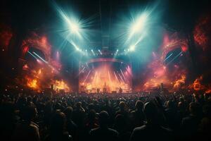 Ai generative Crowded Concert Stage Scenery With Spotlights and Colored Lights realistic image, ultra hd photo