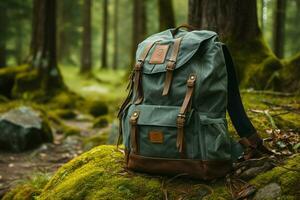 en el bosque, un mochila se inclina en contra un árbol, capturar excursionismo vibraciones ai generado foto