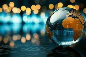 A close up of a glass globe with a focus on financial report AI Generated photo