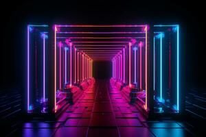 Geometry meets neon in a frame, offering space within vibrant luminescence. AI Generated photo