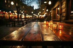 Bokeh lit wooden table with blurred backdrop, creating enchanting ambiance in restaurant AI Generated photo