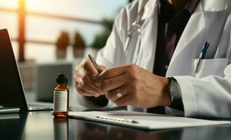del doctor pedidos masculino médico prescribir medicación a un paciente con experto cuidado ai generado foto