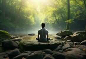 ai generativo foto de un hombre practicando atención plena y meditación en un pacífico natural ambiente sony a7s realista imagen, ultra alta definición, alto diseño muy detallado