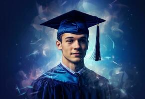 Ai Generative Double exposure photo of Young man with graduation cap technology background realistic image